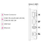 Das Foto zeigt die Anschlussleiste des MT8052iP mit Power Connector, RS-232, RS-485, USB-Host und Ethernet (10/100 Base-T)