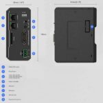 Das Foto zeigt eine technische Zeichnung des cMT-CTRL01 Weintek IIoT-SPS mit seinen Anschlüssen und Abmessungen. Sichtbar sind der PLC-Schalter für „Run“ und „Stop“ (A), der Reset-Button (B), der serielle Steckplatz für RS-232/RS-485 (C), der 24V-Stromanschluss (D), zwei Ethernet-Ports (E, F), der SD-Kartensteckplatz (G) sowie der Erweiterungsanschluss (H).