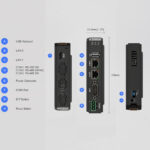 Das Foto zeigt die Anschlüsse des cMT-FHDX-820: USB-Host, LAN1, LAN2, serielle Ports (RS-232/RS-485) und 24VDC-Stromeingang