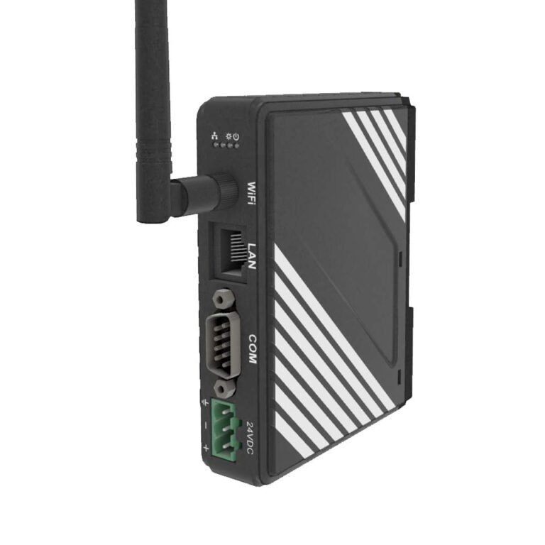 Kompaktes cMT‑G02‑Gateway, oben vier Status‑LEDs, darunter eine WiFi‑Antenne, gefolgt von LAN‑Port, COM‑Schnittstelle und dem 24 VDC‑Anschluss ganz unten.