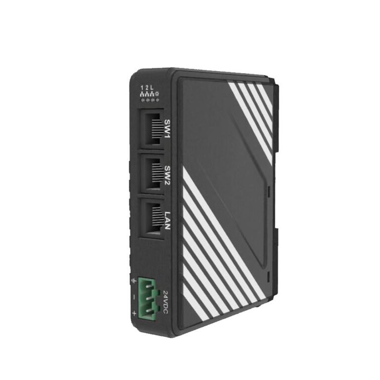 Weintek cMT-G04-Gateway im Kunststoffgehäuse, oben vier Status-LEDs, darunter SW1, SW2- und LAN-Anschlüsse, gefolgt vom 24 VDC-Anschluss am unteren Ende.