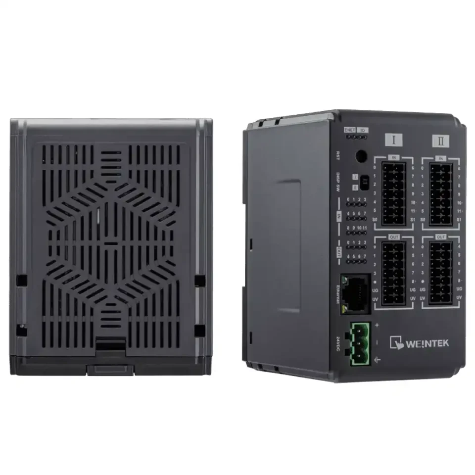 Das Foto zeigt das Weintek iR-ETN40P EtherNet I/O Modul, links mit sichtbaren Kühlrippen von oben und rechts in einer Seitenansicht mit Ethernet-Port.