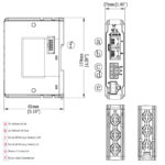 Technische Zeichnung des Weintek iR-ECAT EtherCAT Kopplers mit detaillierten Abmessungen und Anschlussbeschriftungen.