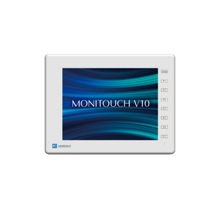 Das Foto zeigt die Frontansicht eines lichtgrauen MONITOUCH V1008iSD 8,4 Zoll HMI-Touchpanels mit Display und Funktionstasten.