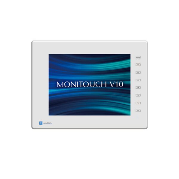 Das Foto zeigt die Frontansicht eines lichtgrauen MONITOUCH V1010iSD 10,4 Zoll HMI-Touchpanels mit Display und Funktionstasten.