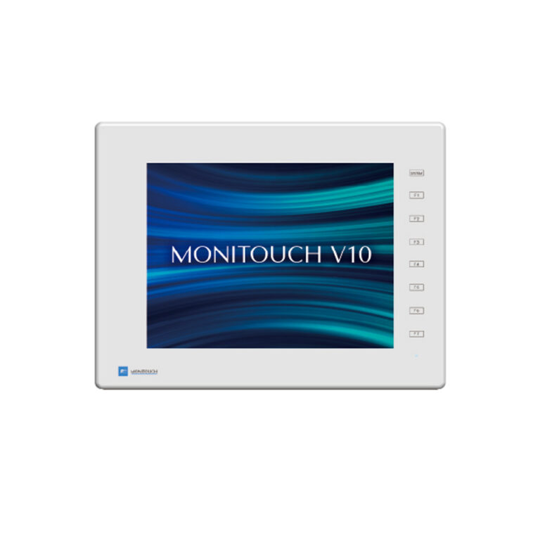 Das Foto zeigt die Frontansicht eines lichtgrauen MONITOUCH V1010iSD 10,4 Zoll HMI-Touchpanels mit Display und Funktionstasten.
