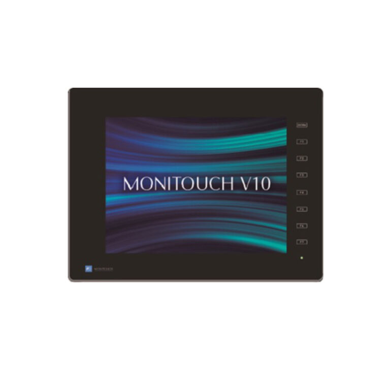 Das Foto zeigt ein schwarzes MONITOUCH V1010iSBD 10,4 Zoll HMI-Touchpanel mit Farbdisplay und seitlichen Funktionstasten in Frontansicht.