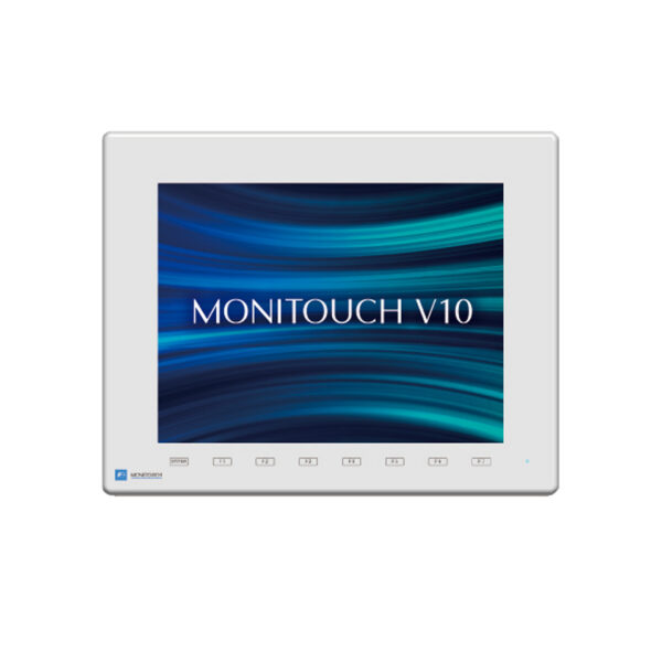 Das Foto zeigt die Frontansicht eines lichtgrauen MONITOUCH V1012iSD 12,1 Zoll HMI-Touchpanels mit Display und Funktionstasten.
