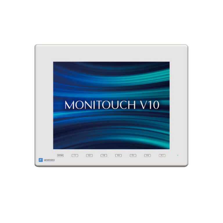 Das Foto zeigt die Frontansicht eines lichtgrauen MONITOUCH V1012iSD 12,1 Zoll HMI-Touchpanels mit Display und Funktionstasten.