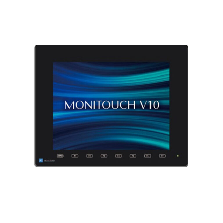 Das Foto zeigt die Frontansicht eines lichtgrauen MONITOUCH V1012iSBD 12,1 Zoll HMI-Touchpanels mit Display und Funktionstasten.