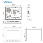 Das Foto zeigt eine technische Maßzeichnung des MONITOUCH V1012iSD HMI-Panels mit genauen Abmessungen.