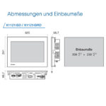 Darstellung der Vorder-, Seiten- und Rückansicht des Hakko MONITOUCH X1121iSD/X1121iSRD mit detaillierten Abmessungen und Einbaumaßen.