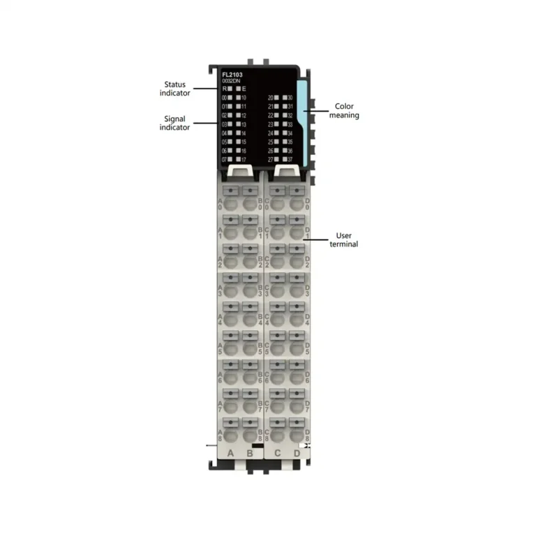Das Foto zeigt das FL2103-Modul mit Statusanzeige, farbcodierter Signal-LED und mehreren Klemmenreihen für die digitalen Ausgänge.