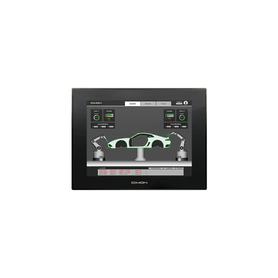 Cimon CM-iNP510-A Panel-PC mit 10,4-Zoll-Display und HMI-Visualisierung einer Roboterzelle