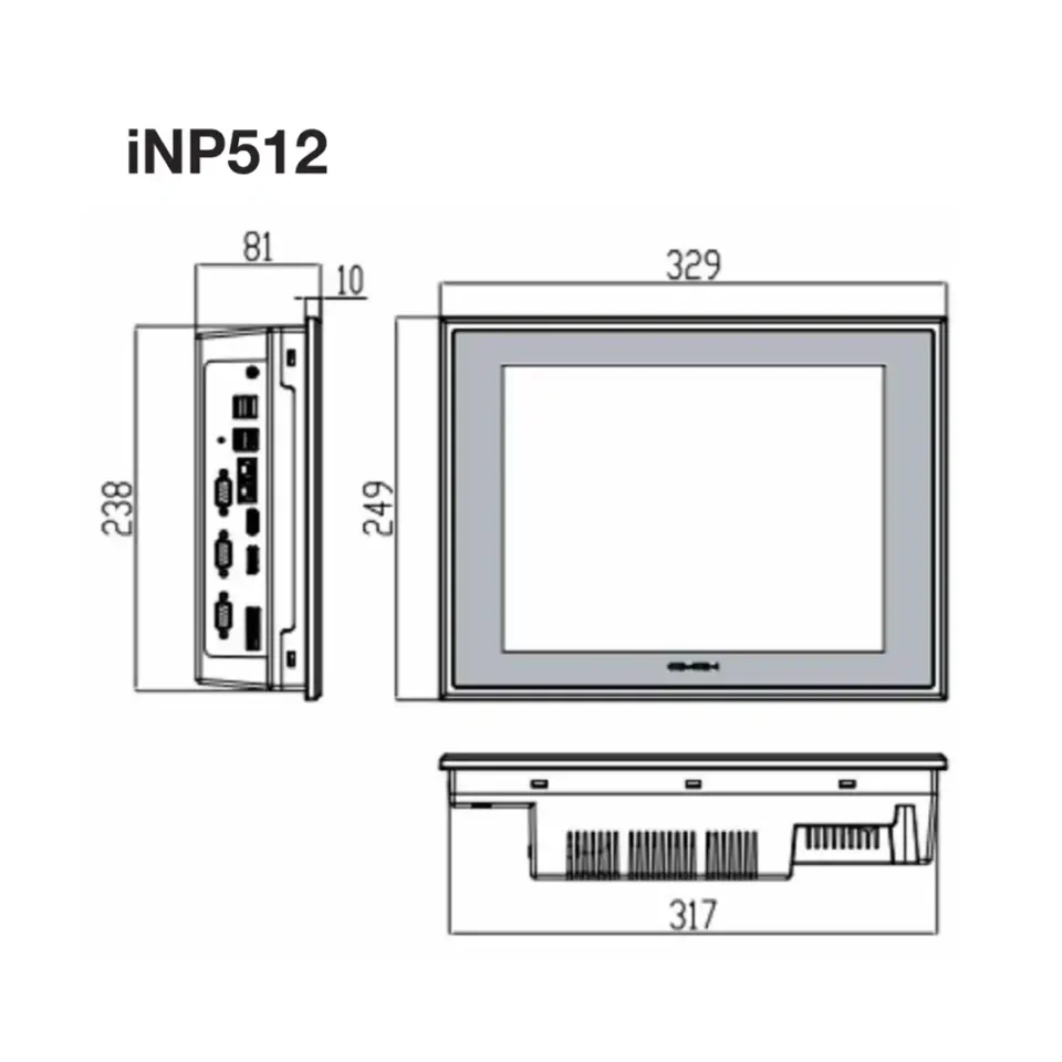 Maßzeichnung des 12,1-Zoll Industrie Panel-PCs CM-iNP512-A mit Anschlussansicht