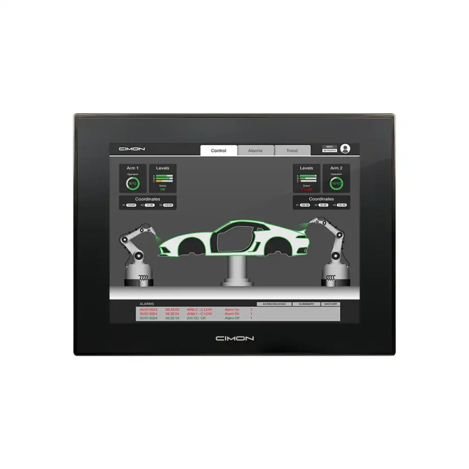 Industrie Panel-PC Cimon CM-iNP515-A mit 15-Zoll-Touchscreen und Visualisierung eines Produktionsprozesses