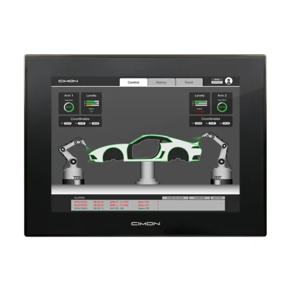 Cimon Panel-PC CM-iNP519-A mit 19-Zoll-Bildschirm und Visualisierung einer Automatisierungslinie