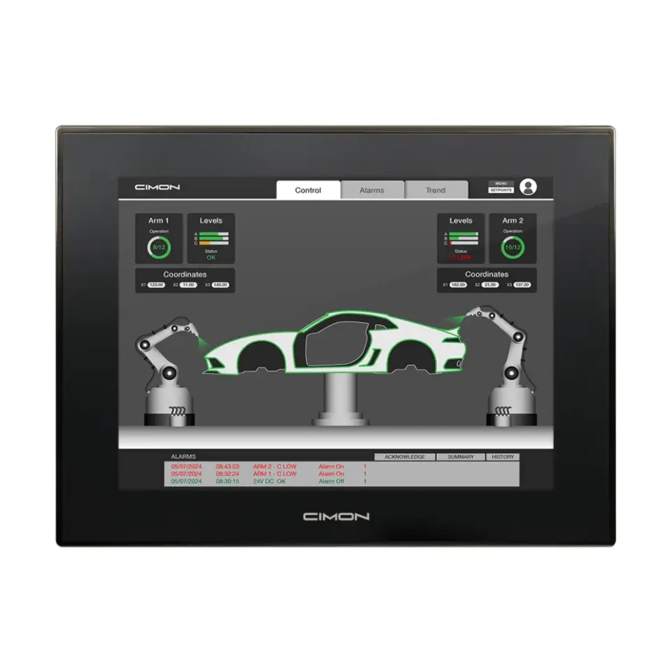 Cimon Panel-PC CM-iNP519-A mit 19-Zoll-Bildschirm und Visualisierung einer Automatisierungslinie