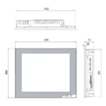 Technische Zeichnung des Cimon Panel-PCs CM-iNP5619-A mit Front-, Seiten- und Draufsicht inkl. Maße