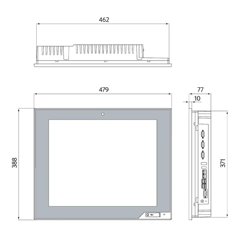 Technische Zeichnung des Cimon Panel-PCs CM-iNP5619-A mit Front-, Seiten- und Draufsicht inkl. Maße