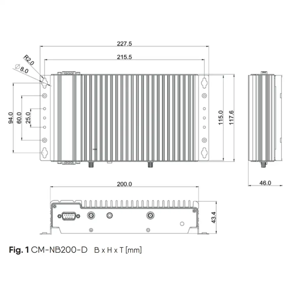 Technische Zeichnung des CIMON CM-NB200-D Industrie Box-PCs mit BxHxT-Maßen