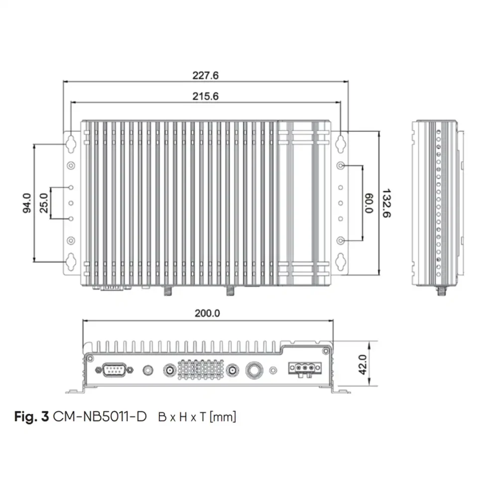 Technische Zeichnung mit Maßen des CIMON CM-NB5011-D Industrie Box-PCs