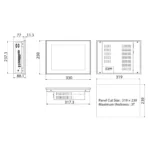 Maßzeichnung des 12,1-Zoll Panel-PCs CM-NP3612-A mit Seiten-, Front- und Rückansicht sowie Panel Cut Size