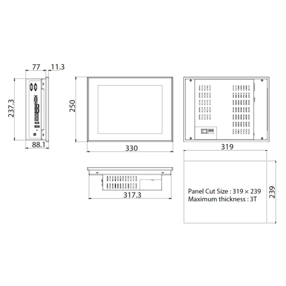 Maßzeichnung des 12,1-Zoll Panel-PCs CM-NP3612-A mit Seiten-, Front- und Rückansicht sowie Panel Cut Size