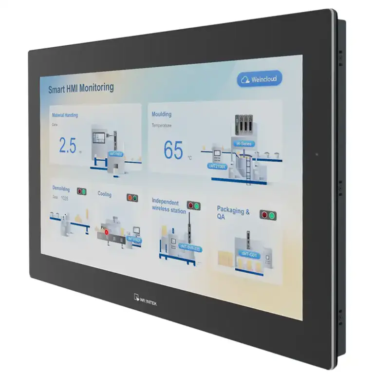 Weintek cMT3218XP Touchpanel mit kapazitivem 21,5-Zoll-Full-HD-Display und Aluminiumgehäuse, IP66-Front.