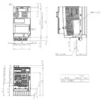 Technische Zeichnung des TOSHIBA Frequenzumrichters VFS15S-2004PM mit Maßangaben und Montageinformationen.
