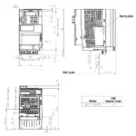 Technische Zeichnung des TOSHIBA Frequenzumrichters VFS15S-2007PM mit Maßangaben und Montageinformationen.