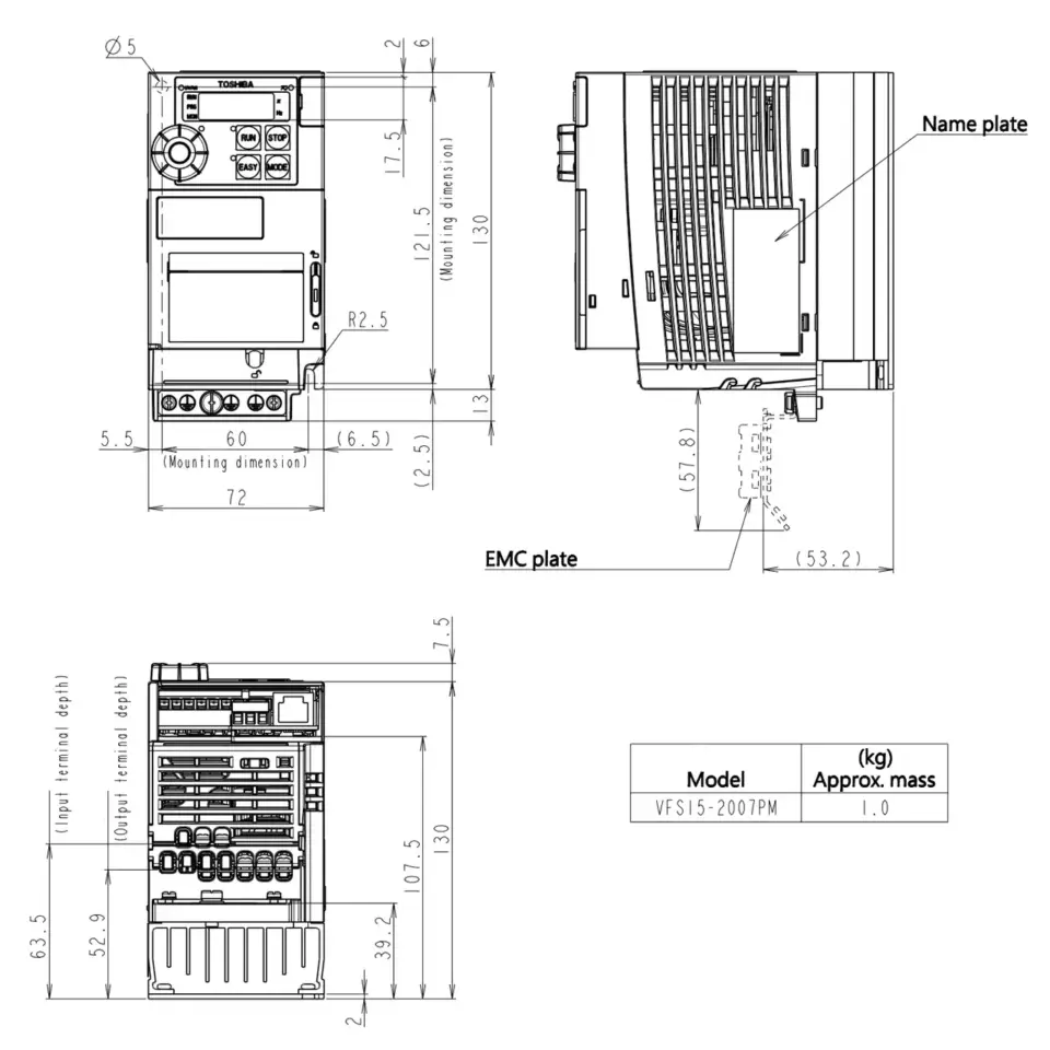 Technische Zeichnung des TOSHIBA Frequenzumrichters VFS15S-2007PM mit Maßangaben und Montageinformationen.