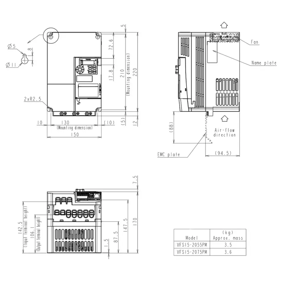 Technische Zeichnung des TOSHIBA Frequenzumrichters VFS15S-2075PM mit Maßangaben und Montageinformationen.