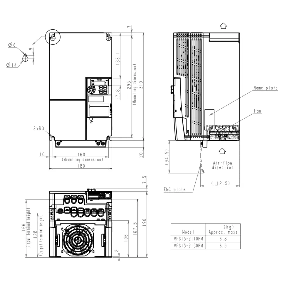 Technische Zeichnung des TOSHIBA Frequenzumrichters VFS15S-2110PM / VFS15S-2150PM mit Maßangaben und Montageinformationen.