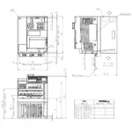 Technische Zeichnung des TOSHIBA Frequenzumrichters VFS15S-4004PL1 mit Maßangaben und Montageinformationen.