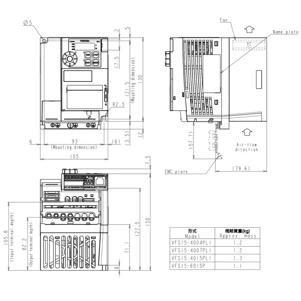Technische Zeichnung des TOSHIBA Frequenzumrichters VFS15S-4004PL1 mit Maßangaben und Montageinformationen.