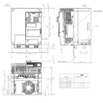 Technische Zeichnung des TOSHIBA Frequenzumrichters VFS15S-4055PL mit Maßangaben und Montageinformationen.