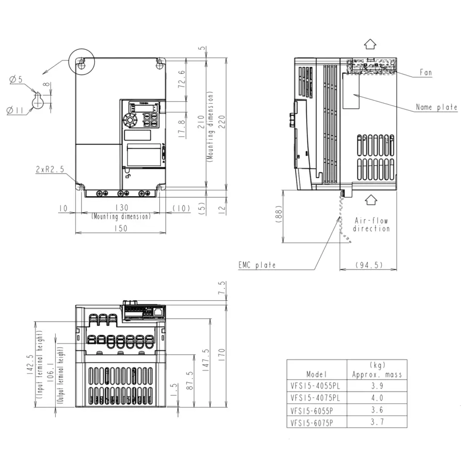 Technische Zeichnung des TOSHIBA Frequenzumrichters VFS15S-4075PL mit Maßangaben und Montageinformationen.