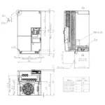 Technische Zeichnung des TOSHIBA Frequenzumrichters VFS15S-4150PL mit Maßangaben und Montageinformationen.