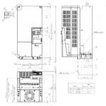 Technische Zeichnung des TOSHIBA Frequenzumrichters VFS15S-4185PL mit detaillierten Maßangaben und Einbaumaßen.
