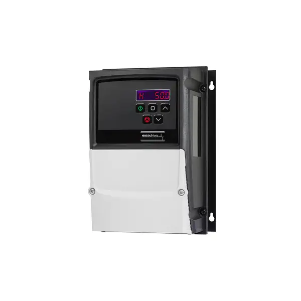 Frequenzumrichter escodrives EDS3-2004PL-66N1 ohne Hauptschalter und externe Bedienelemente, Frontansicht mit digitalem LED-Display und Tastenfeld.