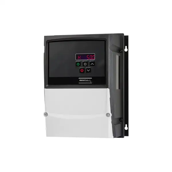 Frequenzumrichter escodrives EDS3-4037PL-66N1 ohne Hauptschalter und externe Bedienelemente, Frontansicht mit digitalem LED-Display und Tastenfeld.