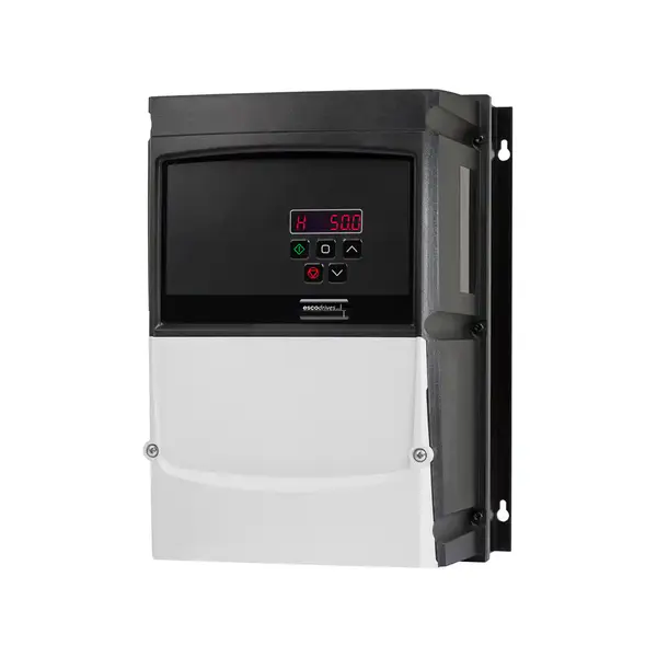 Frequenzumrichter escodrives EDS3-4075PL-66N1 ohne Hauptschalter und externe Bedienelemente, Frontansicht mit digitalem LED-Display und Tastenfeld.