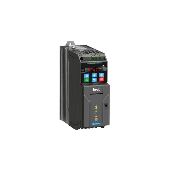 INVT GD28-0R2G-2 Frequenzumrichter für 3-phasige Versorgung, mit LED-Anzeige, Tastenfeld und kompaktem Design zur platzsparenden Montage.