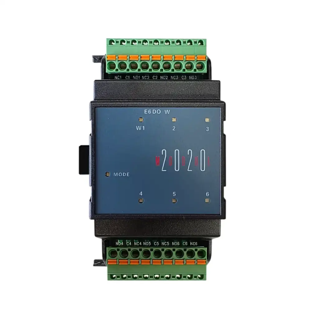 EAP Electric E6DO-W Erweiterungsmodul MODUL-2020, Frontansicht: 6 Relais-Wechsler (NO/NC) mit 6 Status-LEDs, Push-in-Klemmen oben/unten, Systembus an der Seite.