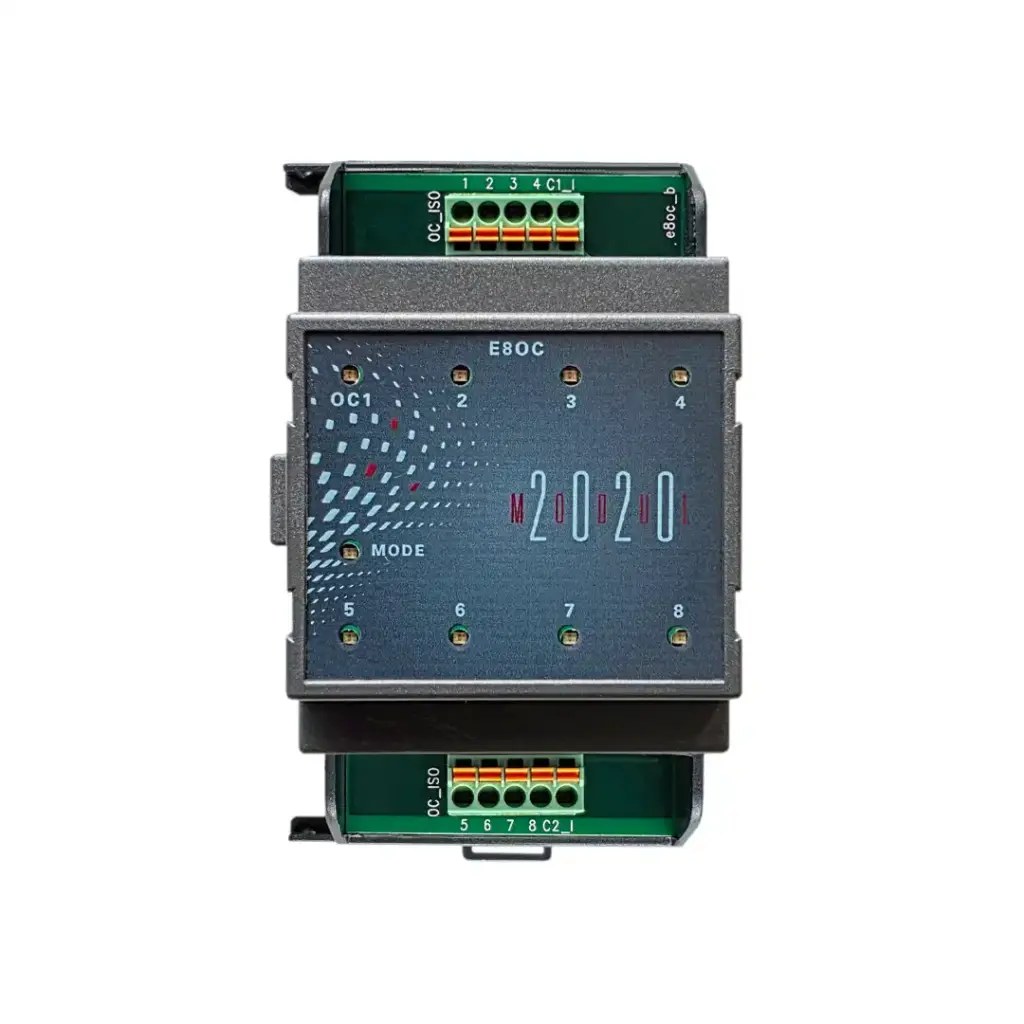 Frontansicht EAP E8DO-OC – MODUL-2020 OC-Ausgangsmodul mit 8 Kanal-LEDs, oberen/unteren Push-in-Klemmen und Kanalbeschriftung 1–8.