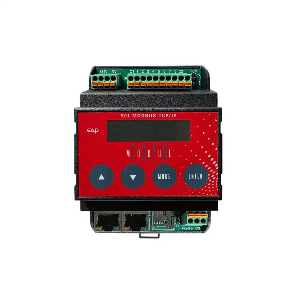 EAP R01 Modbus TCP/IP (MODUL-2020), Frontansicht mit LCD/4 Tasten; oben Klemmen +24 V/0 V und DI 1–8, unten 2× RJ45 und Zusatzklemmen.