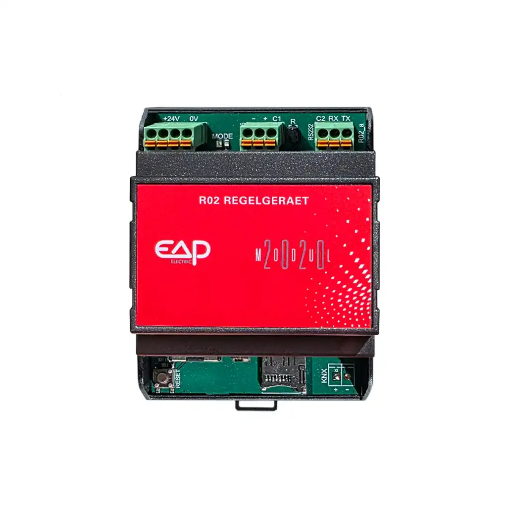 Frontansicht des EAP R02 Regel-/Steuergeräts (MODUL-2020) im 45-mm-Reihenbausystem mit roter Front, integrierter Linux-CPU und Steckklemmen für 24 V, RS-485 und RS-232.