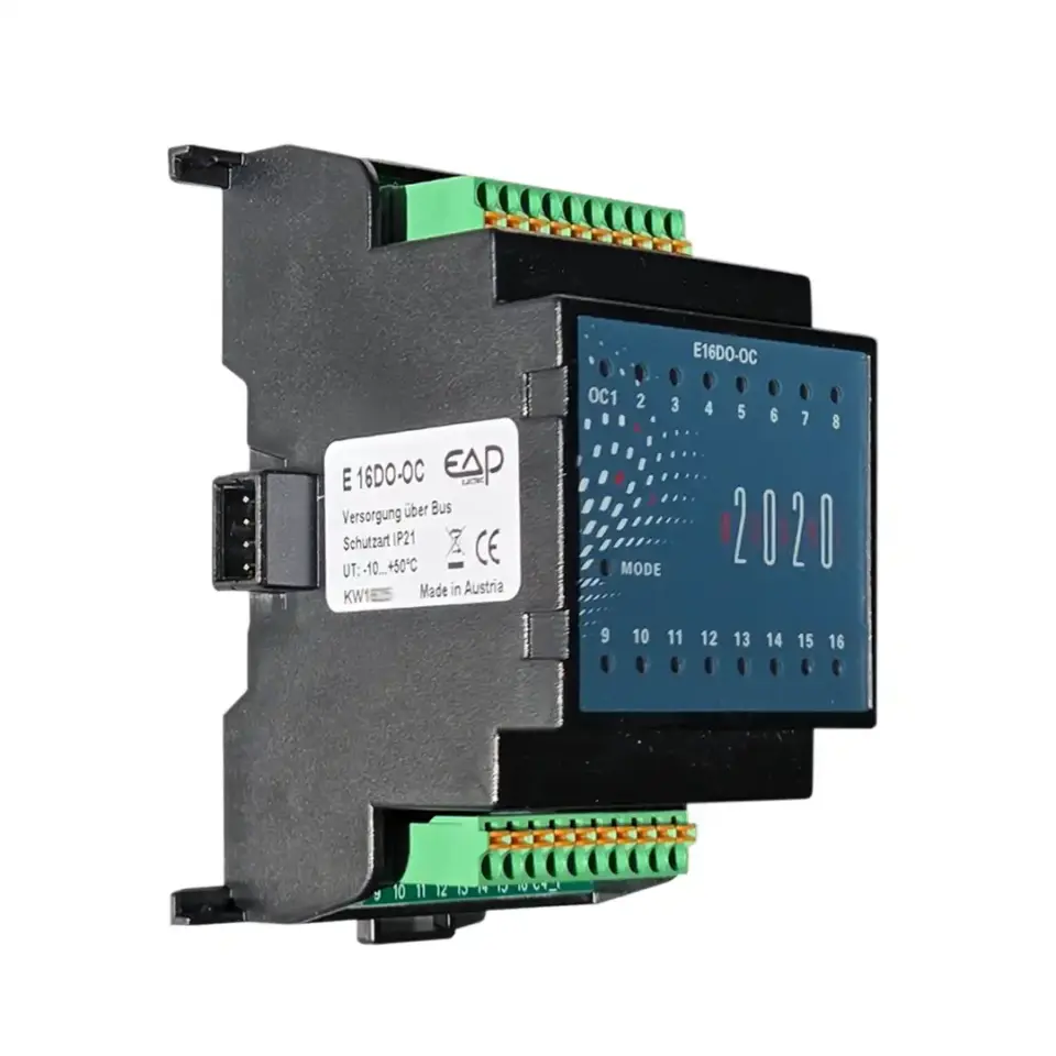 EAP E16DO-OC 5717, Seitenansicht; Gehäuse mit seitlichem MODUL-2020-Busstecker, oben/unten Klemmenleisten; 16 NPN Open-Collector-Ausgänge, LED-Statusanzeige.