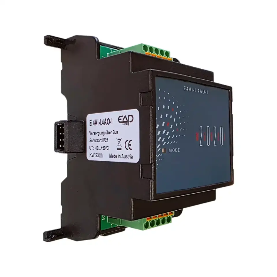 EAP Electric E4AI-I.4AO-I – Seitenansicht des MODUL-2020-Moduls mit Systembus-Stecker, oben/unten Push-in-Klemmen; 4× AI 4–20 mA und 4× AO 4–20 mA.